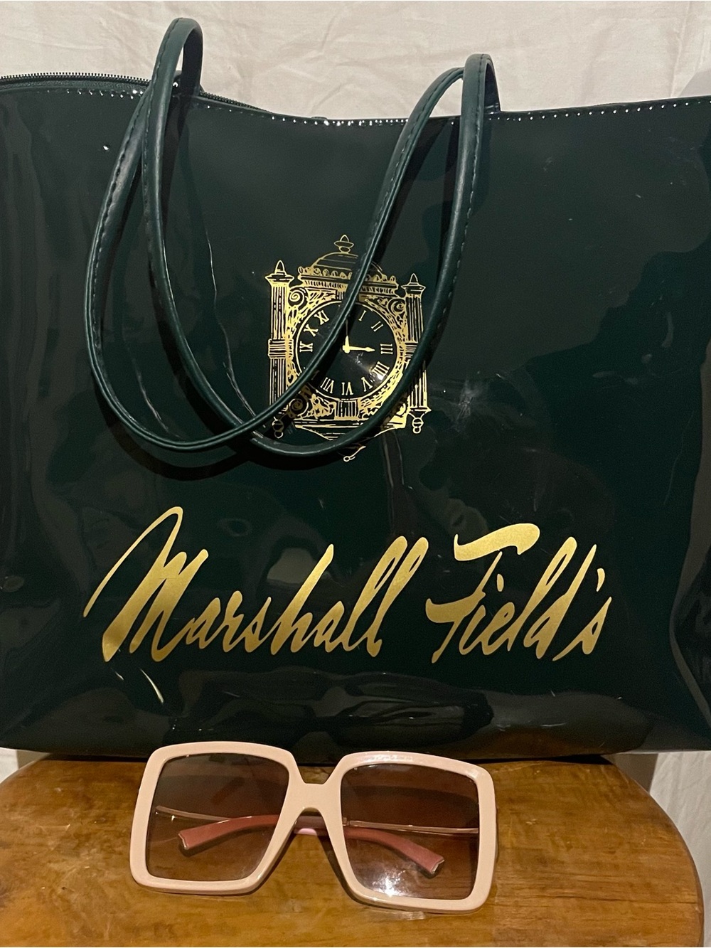 Marshall Field's Dark Green Patent Tote with Gold Script